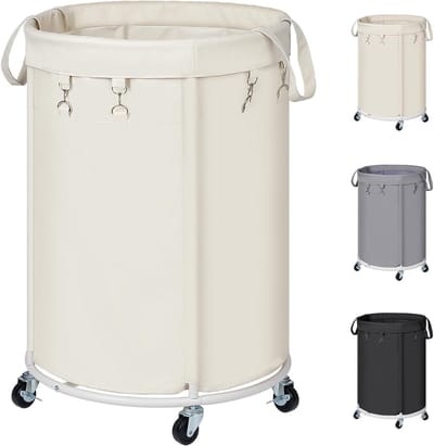 Grote Wasmand met Wielen, Waterdichte Waszak en Sterk Metaal Frame, Ideaal voor Waskamer, Badkamer en Slaapkamer, Beige, 150L Capaciteit