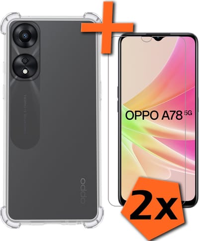 Hoes - Met Screenprotector - 2 Stuks - Geschikt voor OPPO A78 5G - Sterk & Shockproof - Siliconen Case - Back Cover - Telefoon Hoes - Shock Proof - Transparant