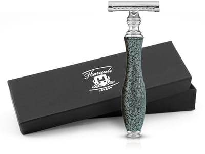 Haryali London Double Edge Safety Razor voor mannen en vrouwen - Metallic Double Edge Razor - Reliëfontwerp - Herbruikbaar scheermes - Grijs - Past op alle DE-mesjes