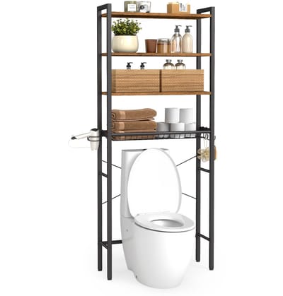 VASAGLE - WC Rek - Met Verstelbare Planken - Met Föhnhouder en 3 Haken - Ruimtebesparend