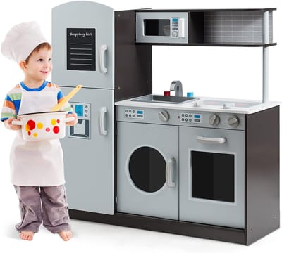 COSTWAY Kinderkeuken van hout, speelkeuken met gootsteen en kraan, fornuis met klikgeluiden, oven en magnetron, speelgoedkeuken met tafel voor kinderen vanaf 3 jaar