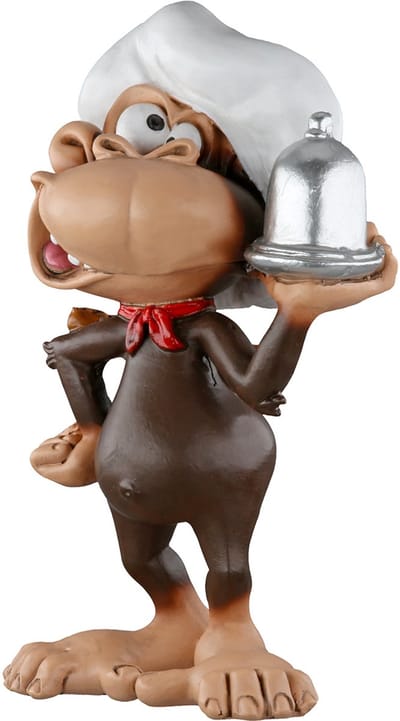 grappig beroepenbeeldje chef kok aap met muts- resin - bruin zilver wit - 5.5x6.5x12 cm beeldje kok meesterkok koekenbakker