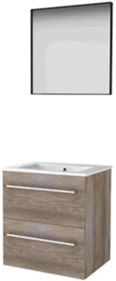 Basic-Line Framed 46 Badkamermeubelset - 60 x 46 cm - Met Grepen - 2 Lades - Keramische Wastafel - 1 Kraangat - Spiegel met Zwart Aluminium Frame - Scotch Oak