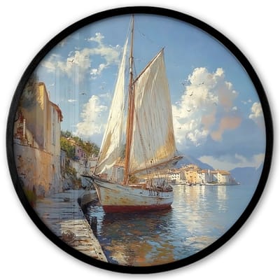 Poster in lijst Rond - Fotolijst 40x40 cm - Posters - Zeilschip - Huizen - Kade - Zee - Ronde posterlijst zwart - Decoratie - Wanddecoratie woonkamer - Muurdecoratie slaapkamer