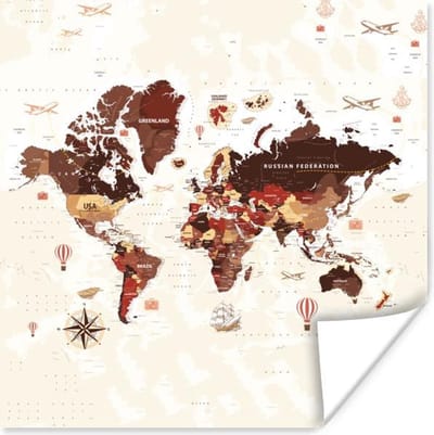 Poster 30x30 cm - Wereldkaart - Bruin - Vliegtuig - Posters - Kamer decoratie - Wanddecoratie woonkamer - Muurdecoratie slaapkamer