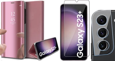 Hoesje geschikt voor Samsung Galaxy S23 Plus - Screenprotector GlassGuard & Camera Lens Screen Protector - Book Case Spiegel Roségoud