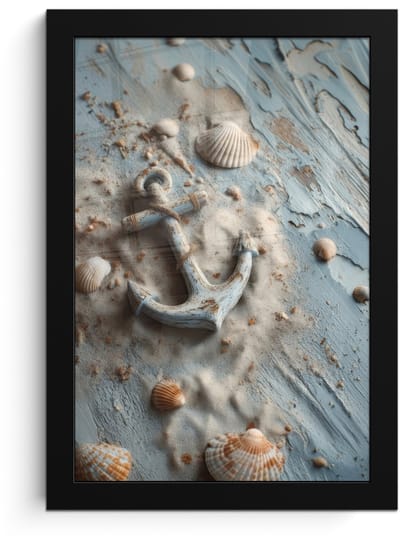 Poster in lijst - Fotolijst 20x30 cm - Posters - Anker - Hout - Schelpen - Zand - Posterlijst zwart - Decoratie - Wanddecoratie woonkamer - Muurdecoratie slaapkamer