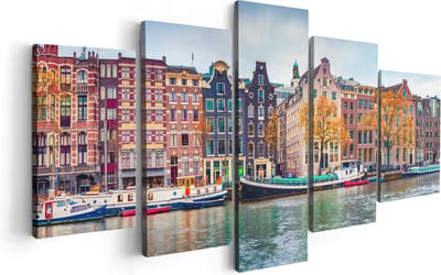 Artaza Canvas Schilderij Vijfluik Amsterdamse Huisjes Vanaf De Gracht - 100x50 - Foto Op Canvas - Canvas Print