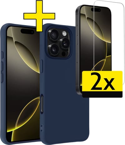 Hoesje - Met 2x Screenprotector - Geschikt voor Apple iPhone 16 Pro - Sterk & Shockproof - Back Cover - Siliconen Case - Telefoon Hoes - Telefoonhoesjes - Donkerblauw
