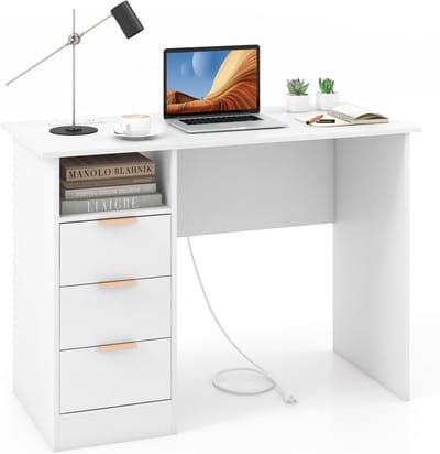 COSTWAY Bureau met 3 laden en laadstation, kleine computertafel, kinderbureau, moderne bureautafel, pc-tafel voor slaapkamer, werkkamer, kantoor, wit, 108 x 48 x 76 cm