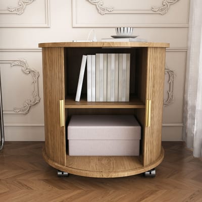 Nachtkastje met oplaadstation en usb - Bijzettafel - Schuifdeur en wielen - MDF - Woonkamer en slaapkamer - Eiken look afwerking 60x60x60 cm