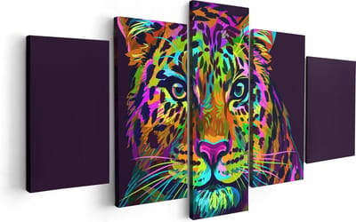 Artaza Canvas Schilderij Vijfluik Kleurrijke Luipaard - Abstract - 100x50 - Foto Op Canvas - Canvas Print