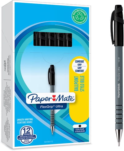 Paper Mate Flexgrip Ultra-balpennen met dop | Medium punt (1,0 mm) | Zwart | 12 stuks
