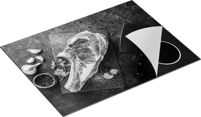 Chefcare Inductie Beschermer Vlees met een Mes op een Marmeren Plaat - Zwart Wit - 70x50 cm - Afdekplaat Inductie - Kookplaat Beschermer - Inductie Mat