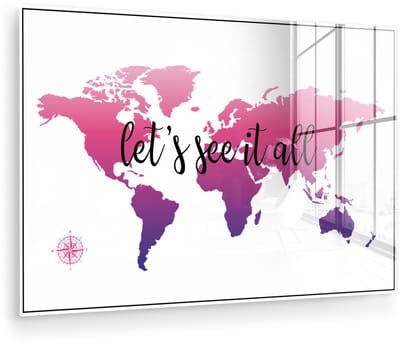 ® Glasschilderij 150x100 cm - Schilderij acrylglas - Wereldkaart - Roze - Kompas - Foto op glas - Muurdecoratie woonkamer - Wanddecoratie slaapkamer - Schilderijen