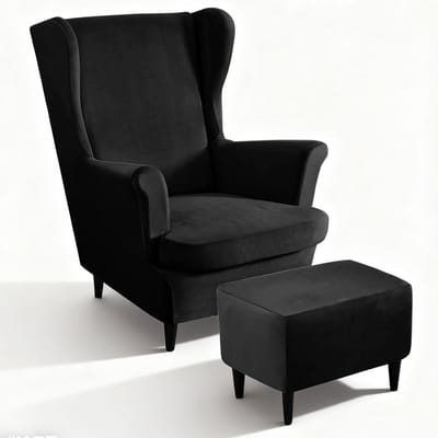 3-delige stretch fluwelen hoes voor fauteuil en voetenbank, wasbare en elastische bescherming voor hoge rugleuningen in zwart
