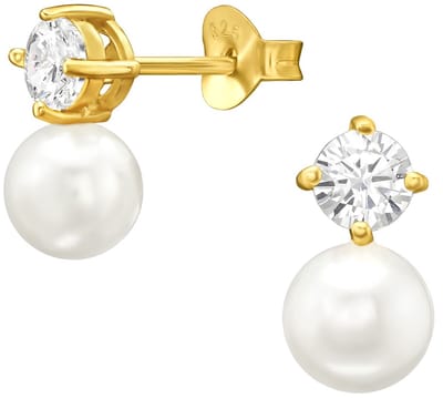 Joy|S - Zilveren parel oorbellen - 5.2 x 10.5 mm - wit met ronde zirkonia - gold plated