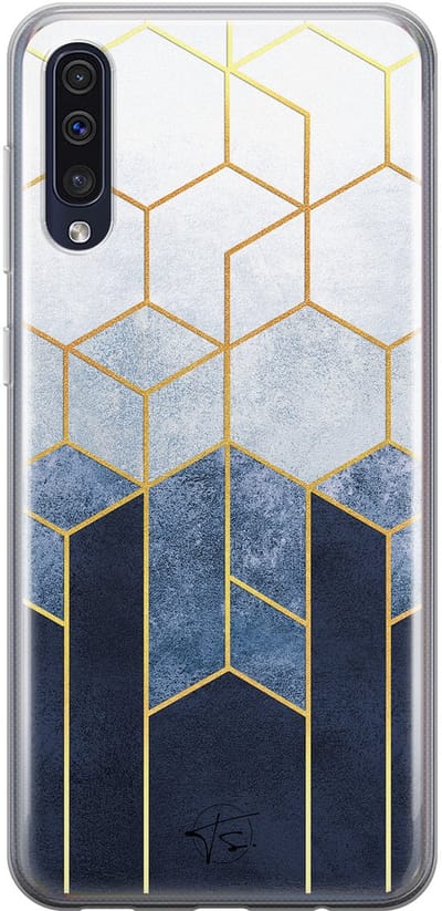 Hoesje geschikt voor Samsung Galaxy A50 - Geometrisch fade art - Soft Case - TPU - Print - Blauw - Mooie Telefoonhoesjes