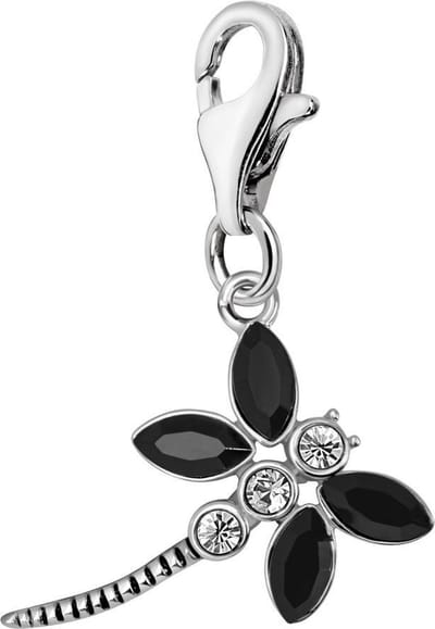 Quiges – 925 - Zilver – Charm - Bedel - Hanger - Zwarte Zirkonia Libelle - met – sterling - zilver - karabijnslot - geschikt - voor - Bedelarmband HC315