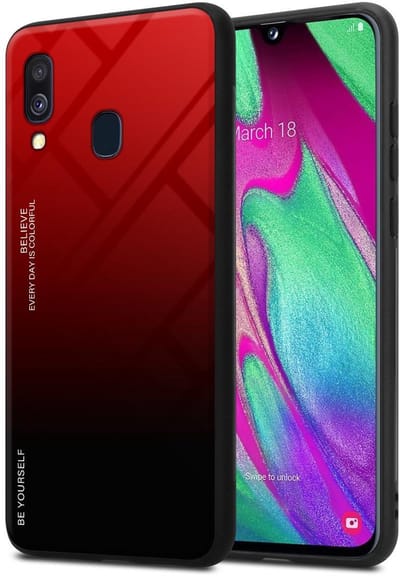 Cadorabo Hoesje geschikt voor Samsung Galaxy A40 in ROOD - ZWART - Tweekleurige beschermhoes van TPU-silicone Case Cover en achterzijde van gehard glas
