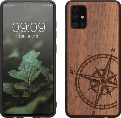 kwmobile telefoonhoesje geschikt voorSamsung Galaxy A51 - Hoesje met bumper - hout - In donkerbruin Vintage Kompas design