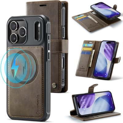Casemania Hoesje Geschikt voor Apple iPhone 17 Pro - Mahogany Brown - Geschikt voor MagSafe - Luxe Kunstleer 2 in 1 Afneembare Bookcase - Magnetische Telefoonhoesje met Pasjeshouder en Standaardfunctie