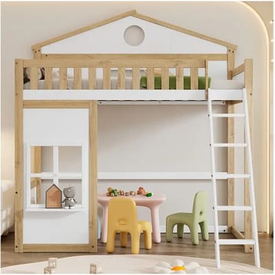 Merax Hoogslaper 90 x 200 cm met ramen & leuning - grenen + MDF - wit + naturel (zonder matras)