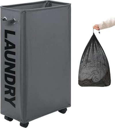 29-Inch Slim Wasmand met Wieltjes en Verwijderbare Waszak - Opvouwbare Kledingopbergbakken