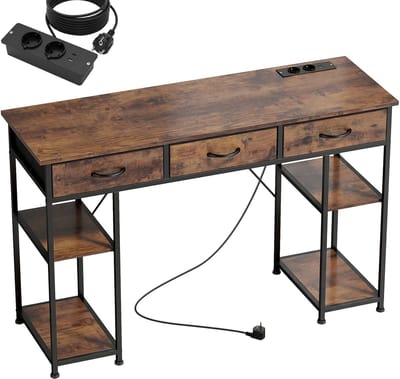 Computerbureau met stopcontacten - Bureau 120x40x76 cm - Bureau met 3 stoffen lades en opbergruimte - Werken en studeren - Bruin
