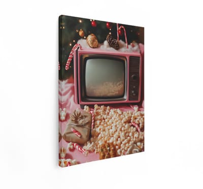 Artaza Canvas Schilderij Retro Tv - 90x120 cm - Wanddecoratie Kerst - Muurdecoratie Vintage - Decoratie Popcorn - Roze
