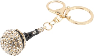 Microfoon Sleutelhanger - Muziek Accessoire - Sleutels Organiseren - Vergulde Glitter Details - 12.2 cm Lengte - Goudkleurig