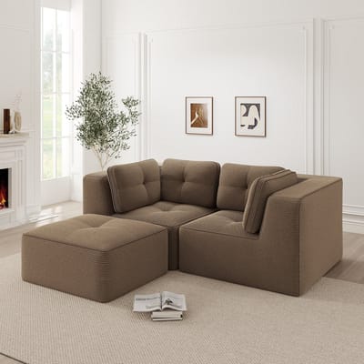 REDOM Modulaire 2-Zits Hoekbank – Ribstof Bekleding – Antislip Onderzijde en Brede Armleuningen – Bruin – 208 x 177 x 69 cm