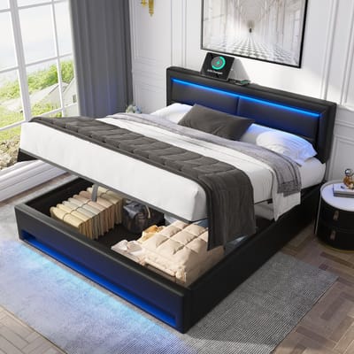 DESMIU Gestoffeerd Bed 140 x 190 cm Zonder Matras – Led Verlichting Met Oplaadfunctie – Opbergruimte Onder Bed – Voor Slaapkamer – Pu – Zwart