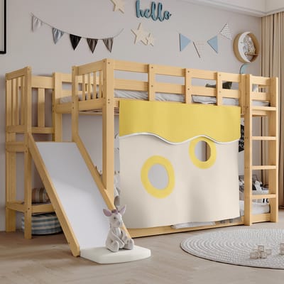 Stapelbedden - 90x200cm - Houten Hoogslaper Met Trap En Reling - Met Bedgordijn En Glijbaan - Kinderbed Met Veiligheidshek - MDF + Kiefer - Naturel