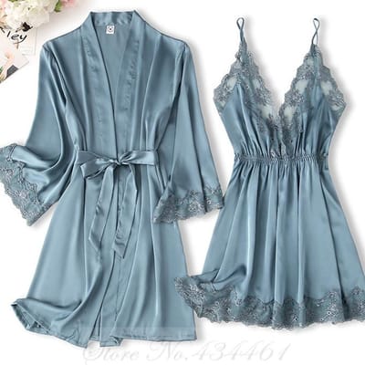 Zwarte Kant Afwerking 2-delige Badjas Nachthemd Set Lente Zomer Dames Nachtkleding Nachtjurk Sexy Badjas Ondergoed Losse Satijnen Huiskleding M gray