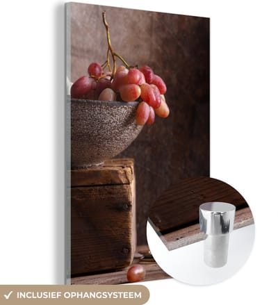 MuchoWow® Glasschilderij 120x180 cm - Schilderij acrylglas - Rustiek - Druiven - Schaal - Stilleven - Fruit - Foto op glas - Schilderijen