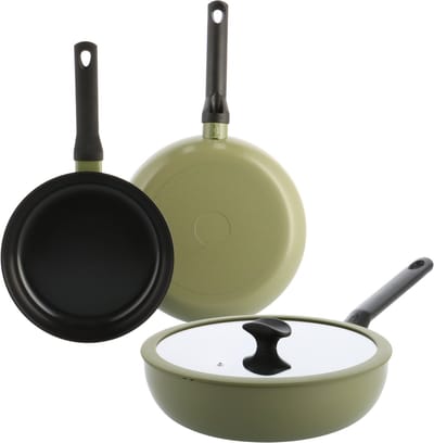 BK Enjoy Pannenset 3-delig - 24/28cm - 3.4L - PFAS-vrije antikleeflaag - Pannenset inductie - Keramische pan - Ovenbestendig tot 220°C - Hapjespan 28cm met deksel - Koudgrepen - Met glazen deksel - Olijfgroen