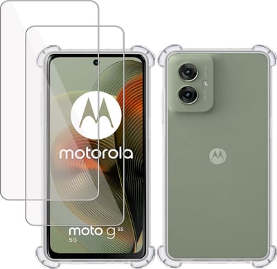 Hoesje + 2x Screenprotector geschikt voor Motorola Moto G55 – Tempered Glass - Extreme Shock Case Transparant