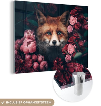 MuchoWow® Glasschilderij 120x90 cm - Schilderij acrylglas - Vos - Bloemen - Botanisch - Dieren - Foto op glas - Schilderijen
