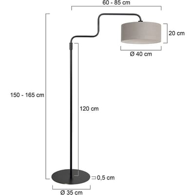 Zwarte Vloerlamp Bloeba 4163ZW van Steinhauer - Verstelbaar van 150-165 cm, Draaibaar en Uitschuifbaar, Metaal en Textiel, Grijze Grof Linnen Kap Ø40cm