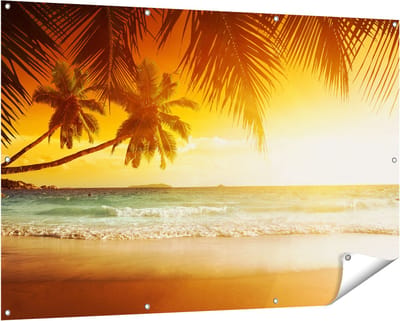 Gards Tuinposter Tropisch Strand tijdens Zonsondergang - 150x100 cm - Tuindoek - Tuindecoratie - Wanddecoratie buiten - Tuinschilderij