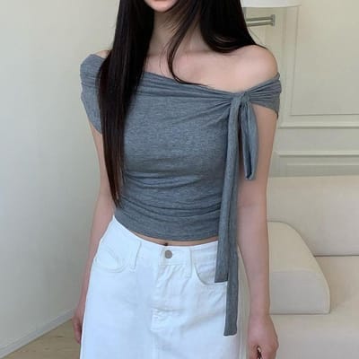 Geknoopte Streamer Onregelmatige Gebreide Top Dames Eén-woord Kraag Off-shoulder Basic Effen Kleur Slim-fit T-shirt L grijze kleur