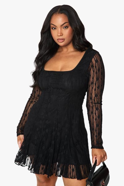 boohoo Dames Plus kanten godet mini skater jurk | Black | Maat: 16