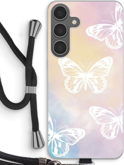 Case Company® - Hoesje met koord geschikt voor Samsung Galaxy S24 Plus hoesje met Koord - White butterfly - Telefoonhoesje met Zwart Koord - Bescherming aan alle Kanten en Over de Schermrand