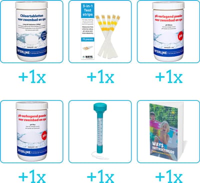 Zwembad Onderhoudspakket - Onderhoud Zwembad - bevat Chloor - Testrips - PH-min - PH-plus - Thermometer en Zwembadgids (6-delig)