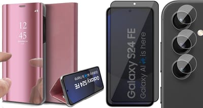 Hoesje geschikt voor Samsung Galaxy S24 FE - Privacy Screenprotector Volledig Dekkend Glas & Camera - Spiegel Book Case Rosegoud