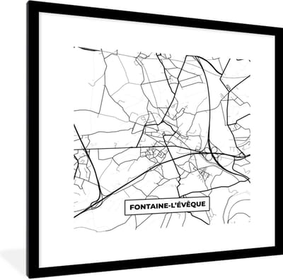 Fotolijst incl. Poster Zwart Wit- Kaart – Plattegrond – Stadskaart – Fontaine l'évêque – België – Zwart Wit - 40x40 cm - Posterlijst