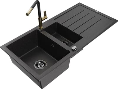 Mexen Andres granieten spoelbak 1,5-komor met afdruiprek en keukenkraan Flora, zwart/zilver - 6515-73-670401-57-B