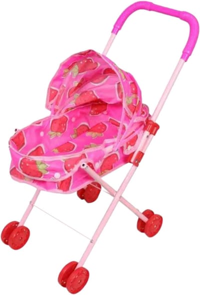 Poppenwagen Speelgoed - Poppenbuggy Kinderen - Binnen en buiten - Verstelbaar zonnedak - 55 cm hoog - Rozerood aardbei