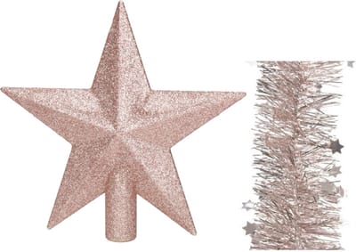 Kerstversiering kunststof glitter ster piek 19 cm en sterren folieslingers pakket lichtroze van 3x stuks - Kerstboomversiering
